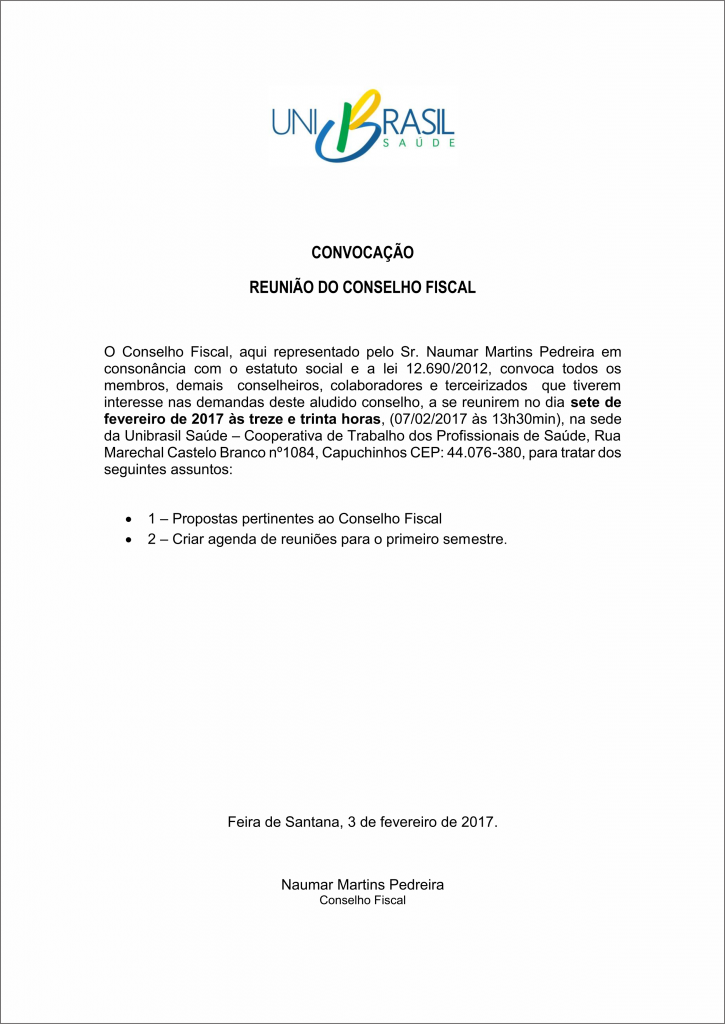 EDITAL DE CONVOCAÇÃO DO CONSELHO FISCAL 07-02-2017